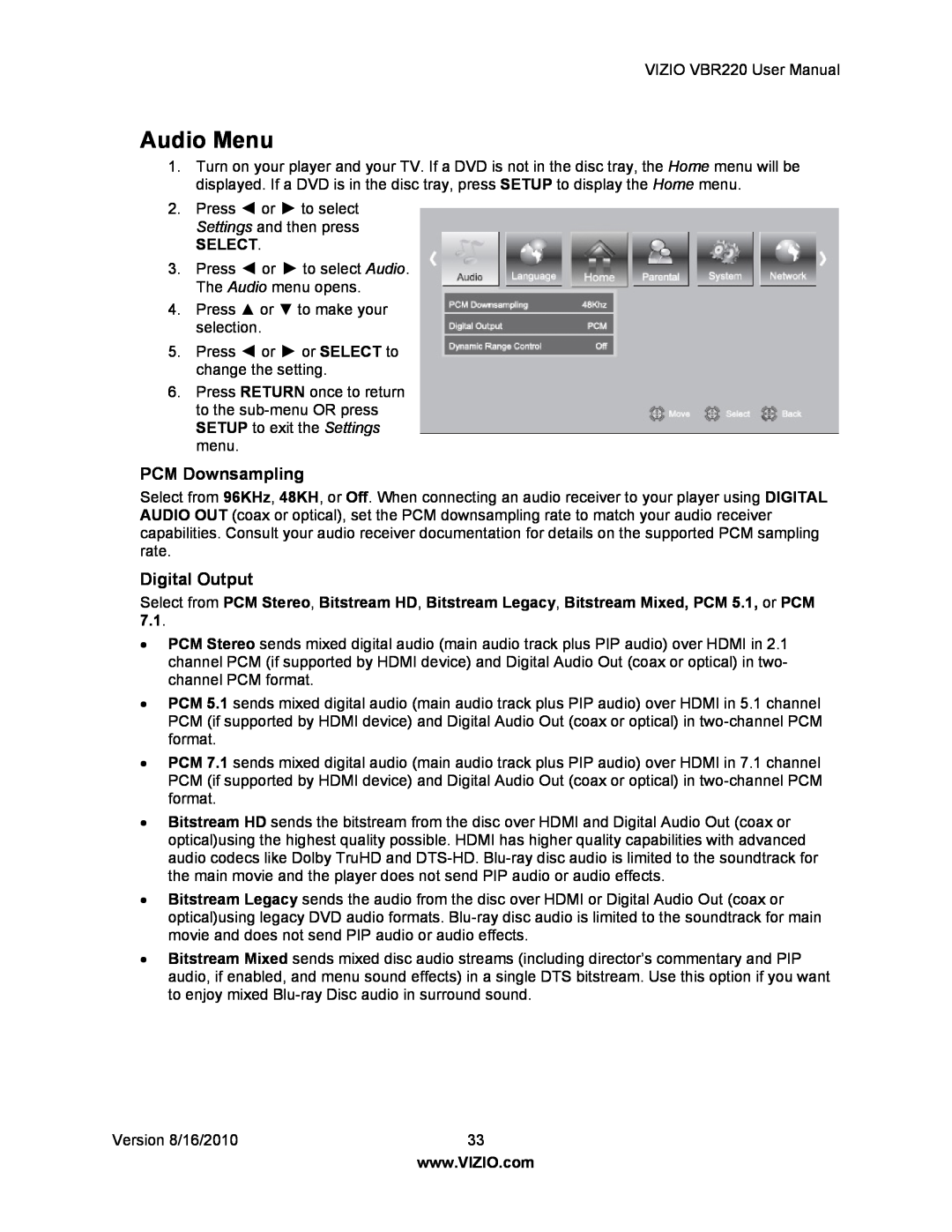 Panasonic VBR220 user manual Audio Menu, PCM Downsampling, Digital Output, Select 