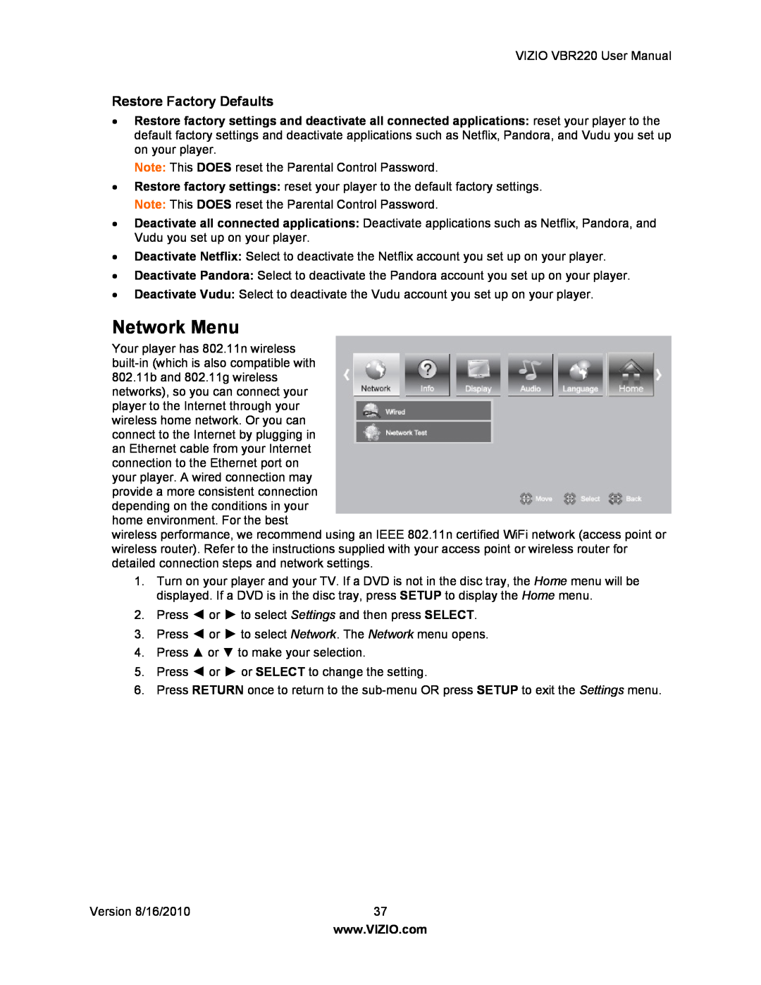 Panasonic VBR220 user manual Network Menu, Restore Factory Defaults 