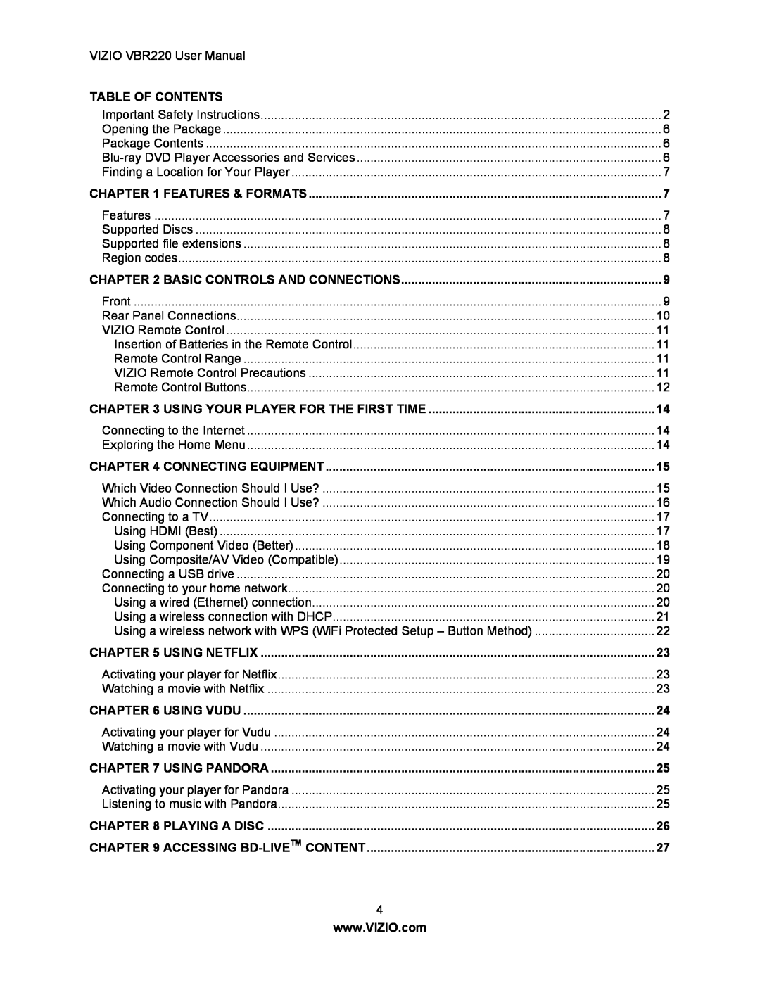 Panasonic VBR220 Table Of Contents, Features & Formats, Basic Controls And Connections, Connecting Equipment, Using Vudu 
