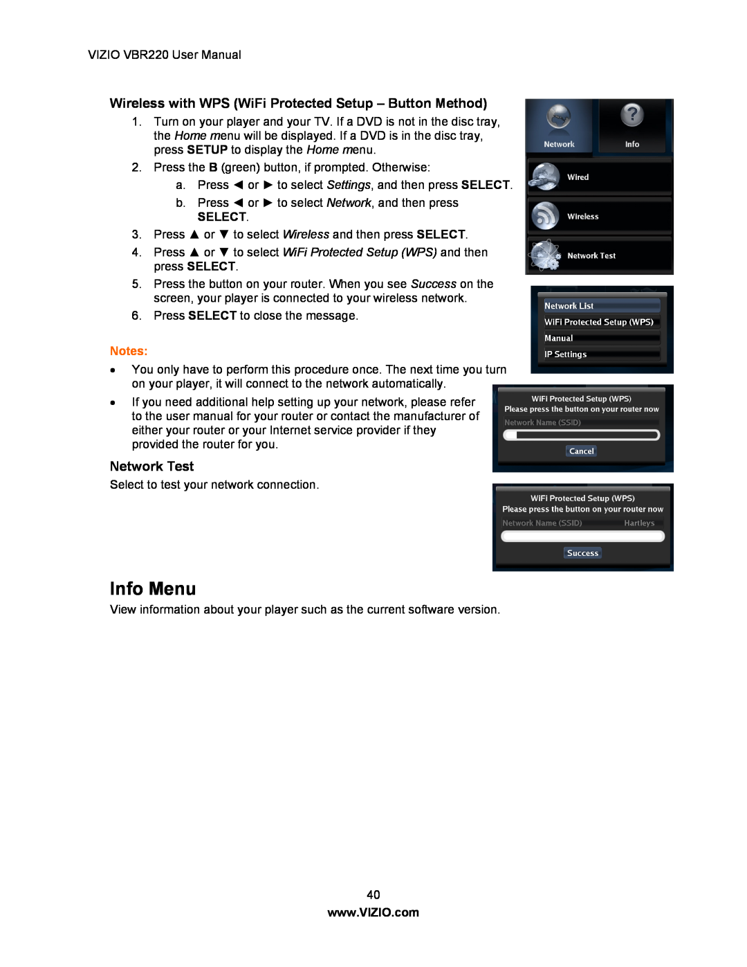 Panasonic VBR220 user manual Info Menu, Wireless with WPS WiFi Protected Setup - Button Method, Network Test, Select 