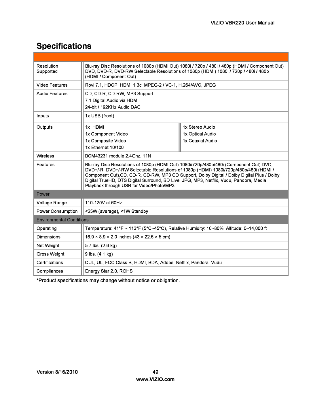 Panasonic VBR220 user manual Specifications 