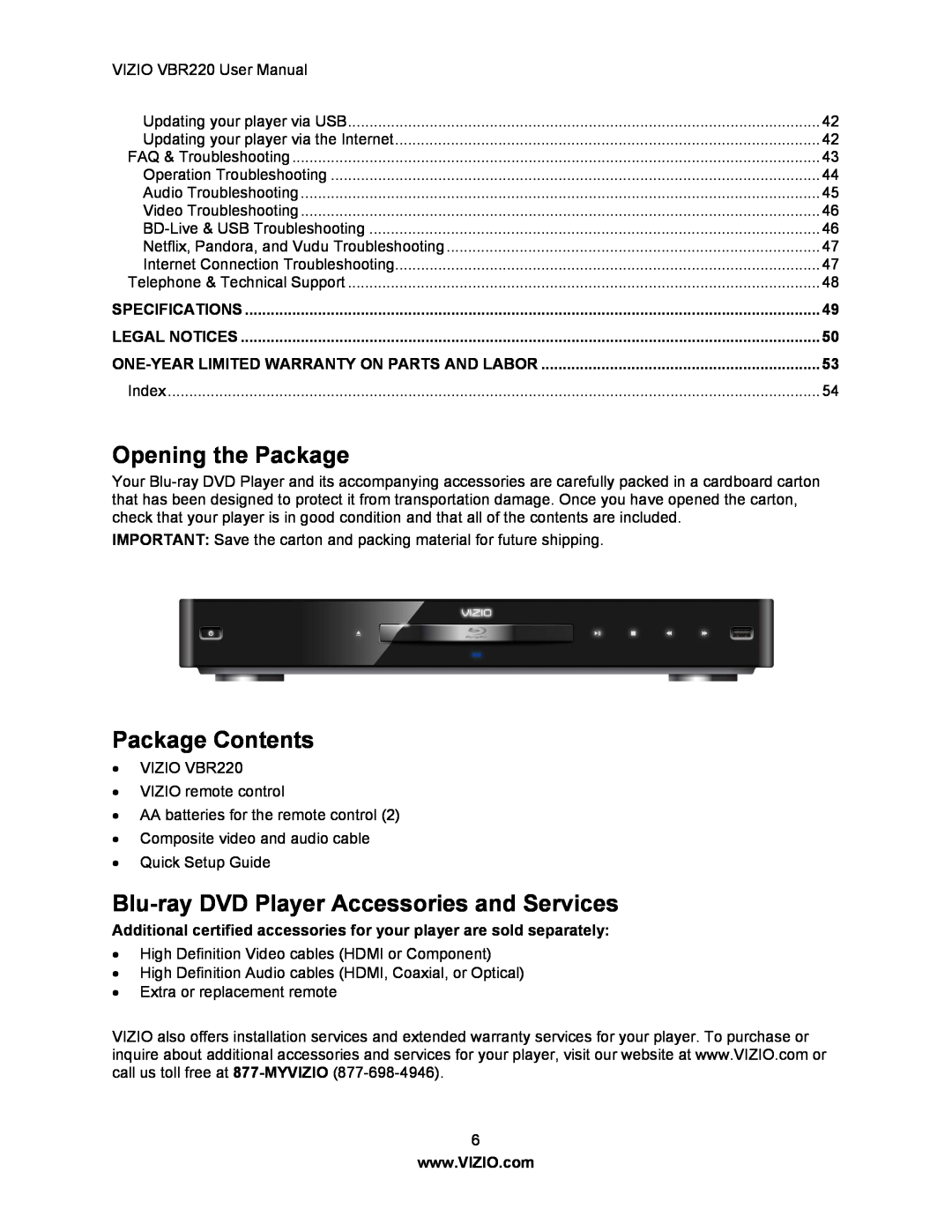 Panasonic VBR220 user manual Opening the Package, Package Contents, Blu-ray DVD Player Accessories and Services 