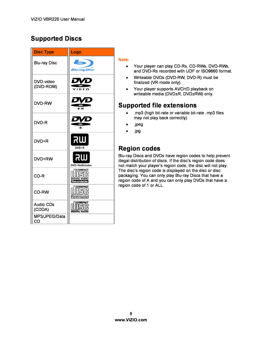 Panasonic VBR220 user manual Supported Discs, Supported file extensions, Region codes, Disc Type, Logo 