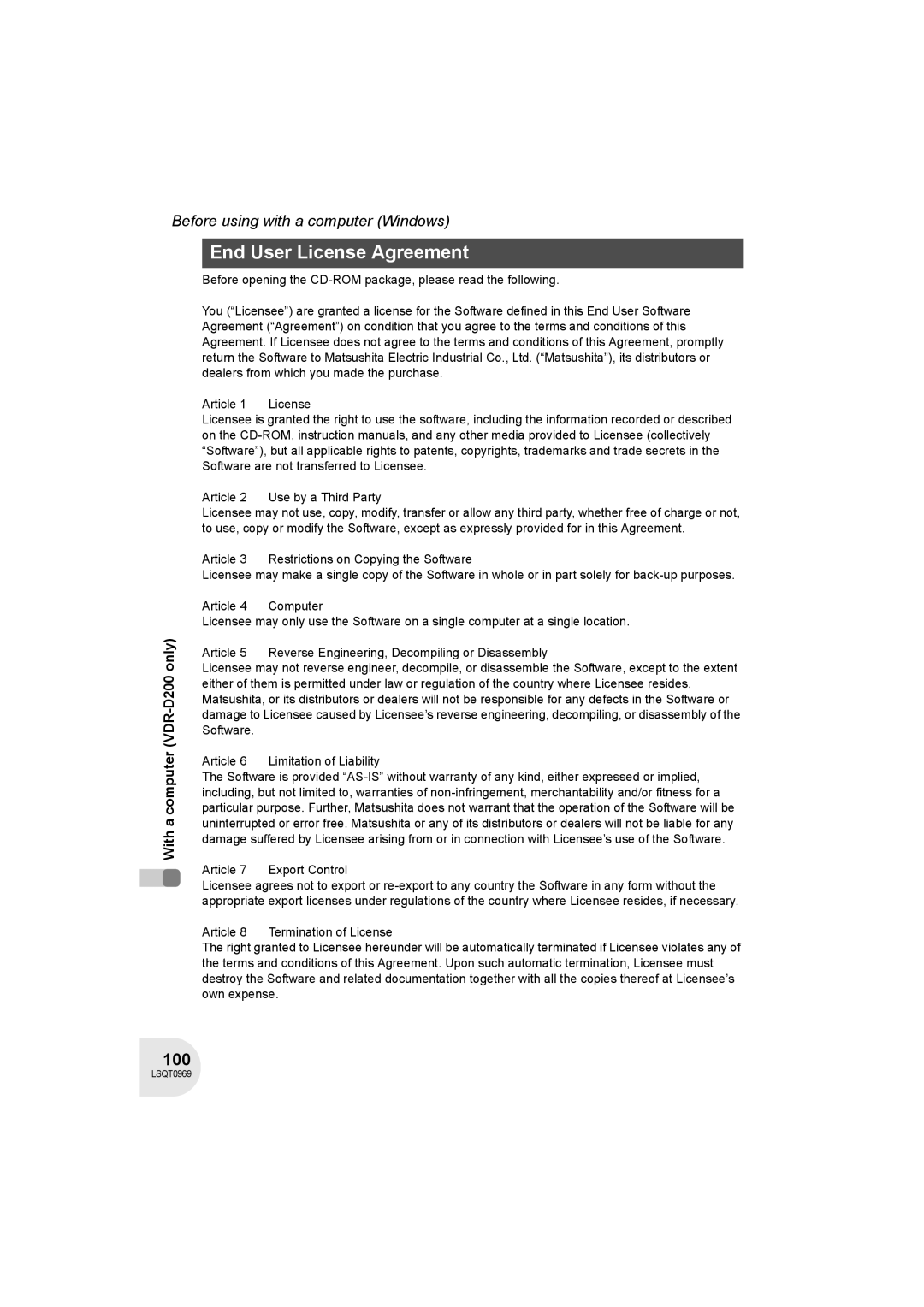 Panasonic VDR-D100 operating instructions End User License Agreement, Article 7 Export Control 