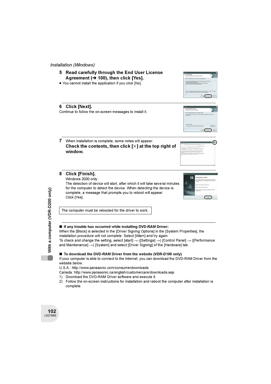 Panasonic VDR-D100 operating instructions 102, Check the contents, then click k at the top right of window, Click Finish 