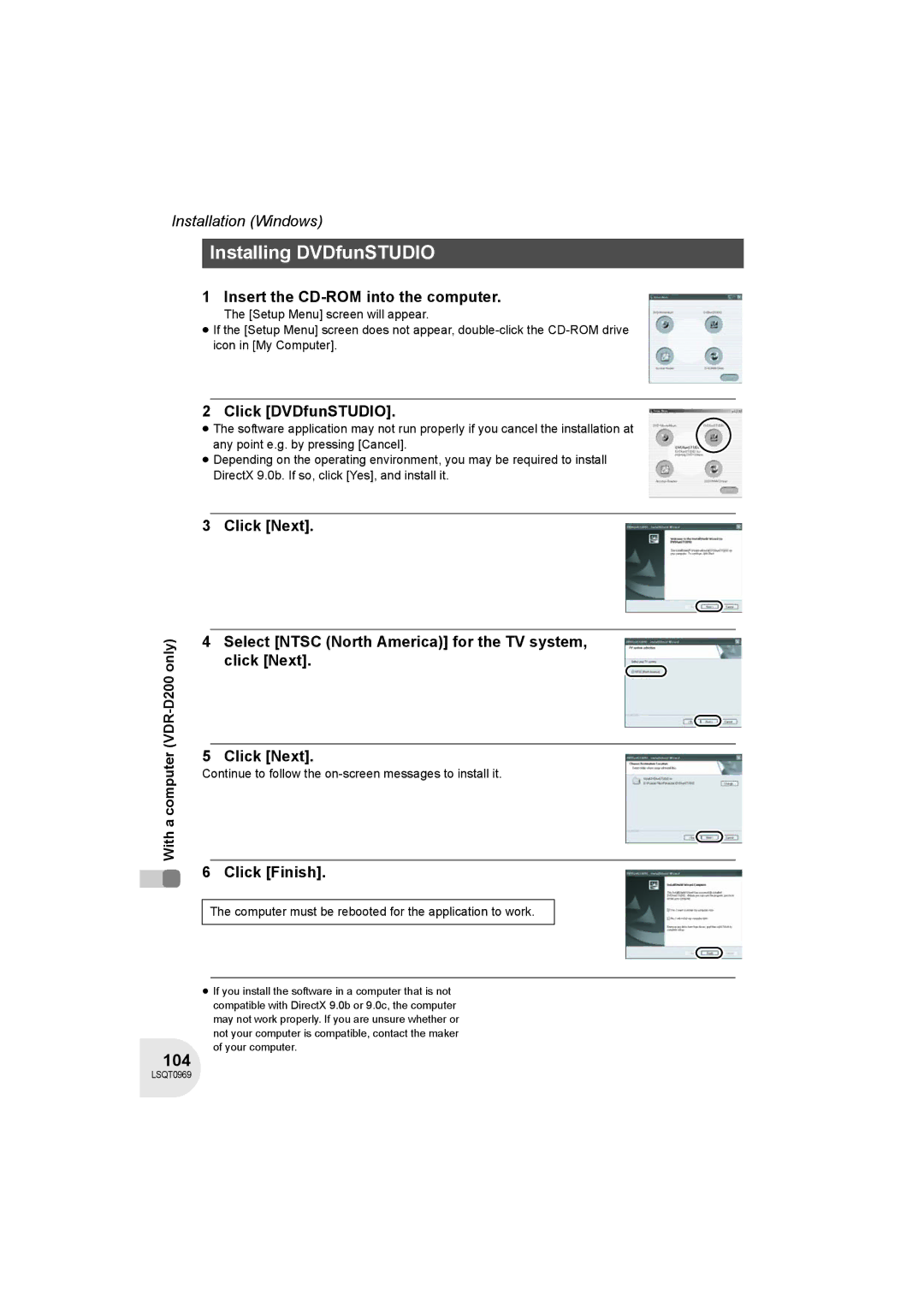 Panasonic VDR-D100 operating instructions Installing DVDfunSTUDIO, 104, Click DVDfunSTUDIO 