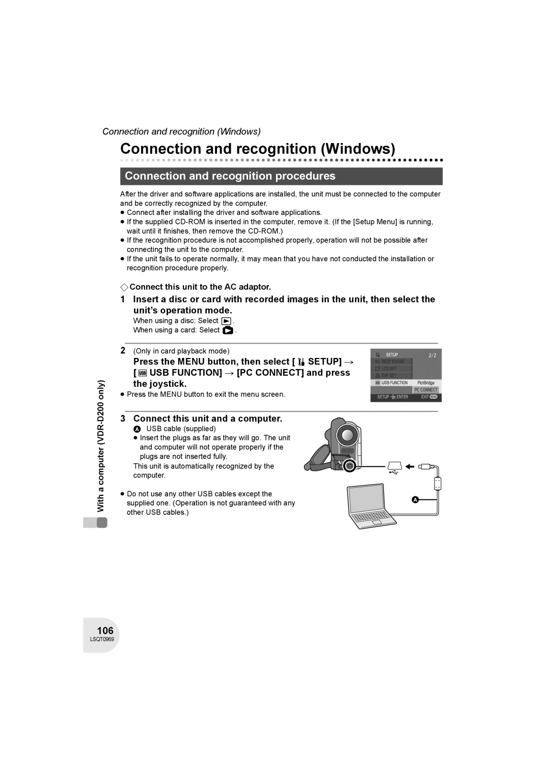 Panasonic VDR-D100 operating instructions Connection and recognition Windows, Connection and recognition procedures, 106 