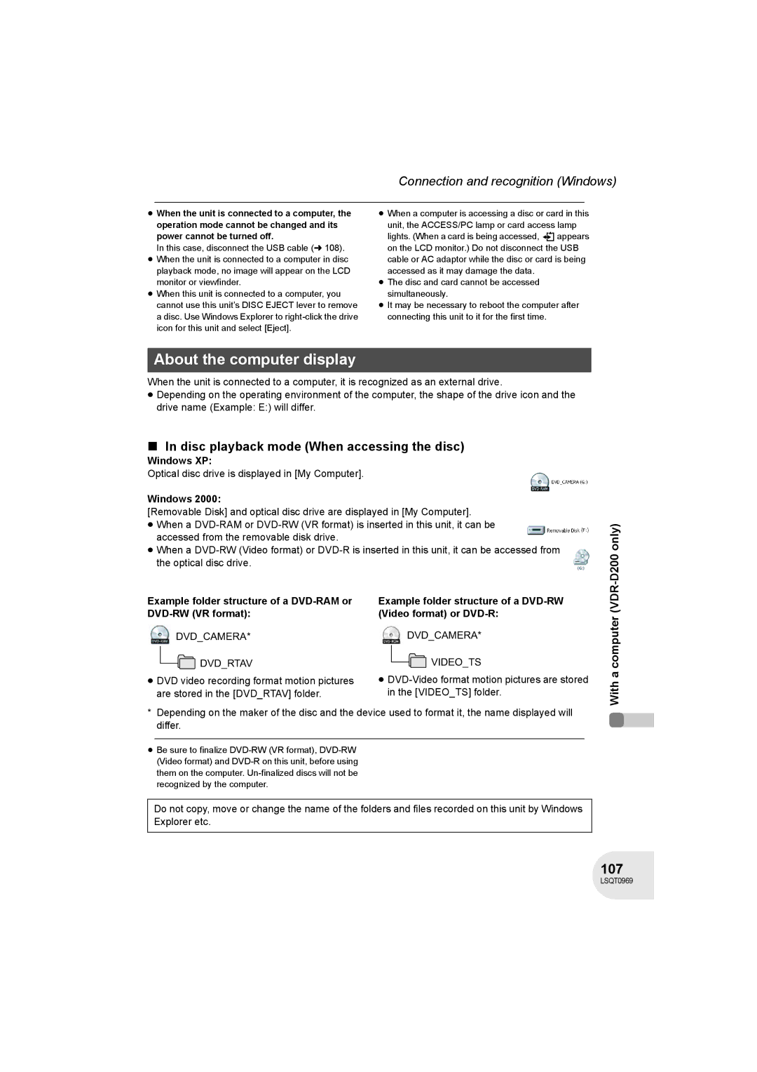 Panasonic VDR-D100 operating instructions About the computer display, 107, Disc playback mode When accessing the disc 