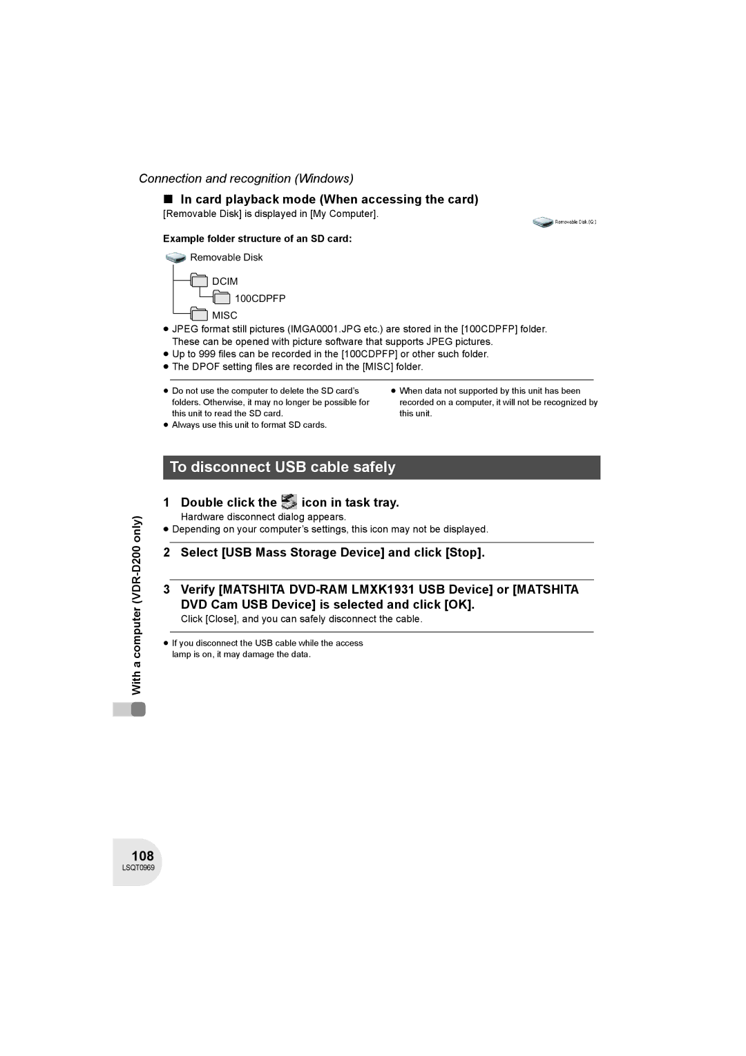 Panasonic VDR-D100 operating instructions To disconnect USB cable safely, 108, Card playback mode When accessing the card 