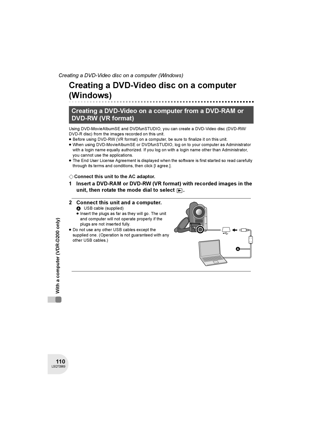 Panasonic VDR-D100 operating instructions Creating a DVD-Video disc on a computer Windows, 110 