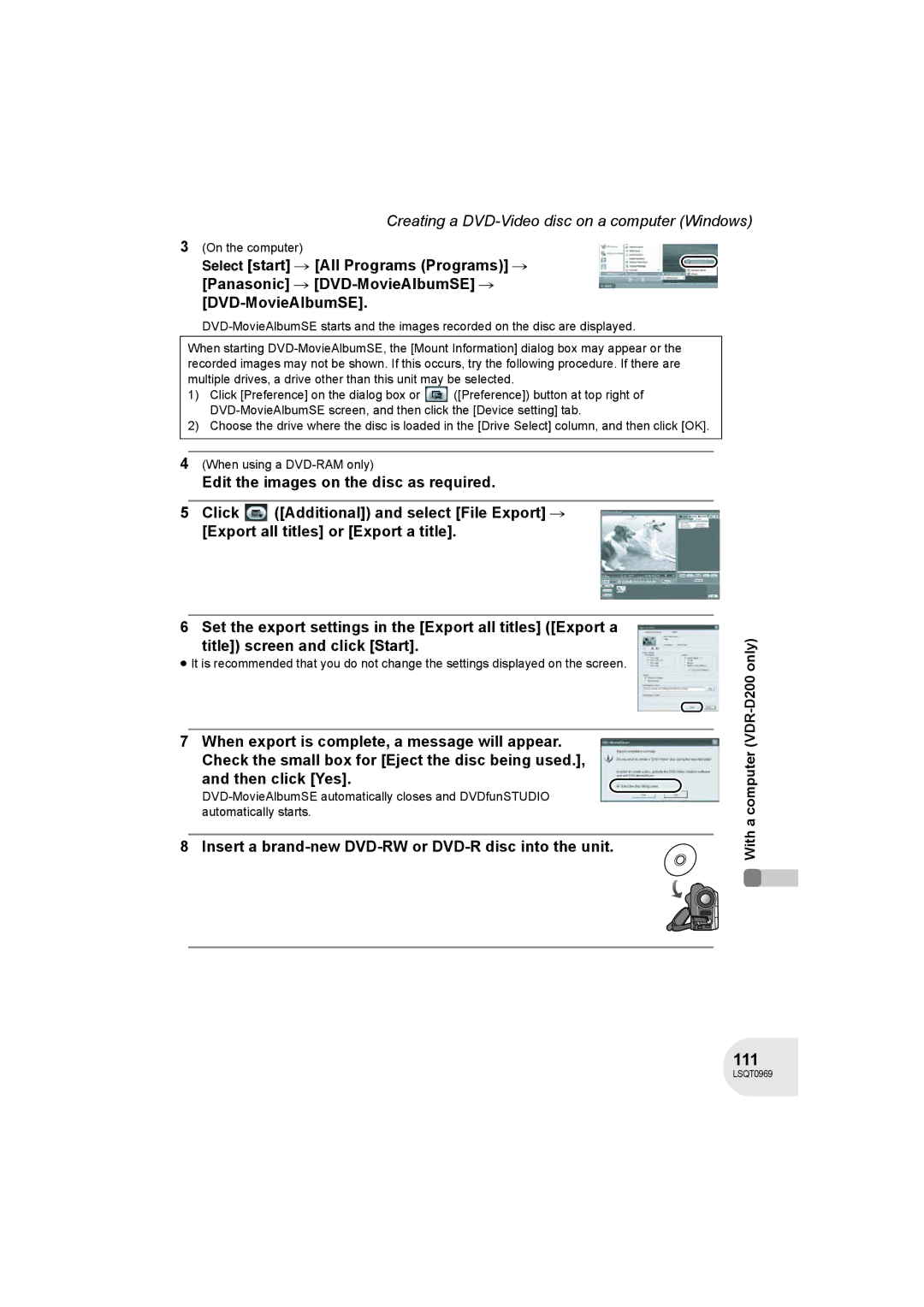 Panasonic VDR-D100 operating instructions 111, Insert a brand-new DVD-RW or DVD-R disc into the unit, On the computer 