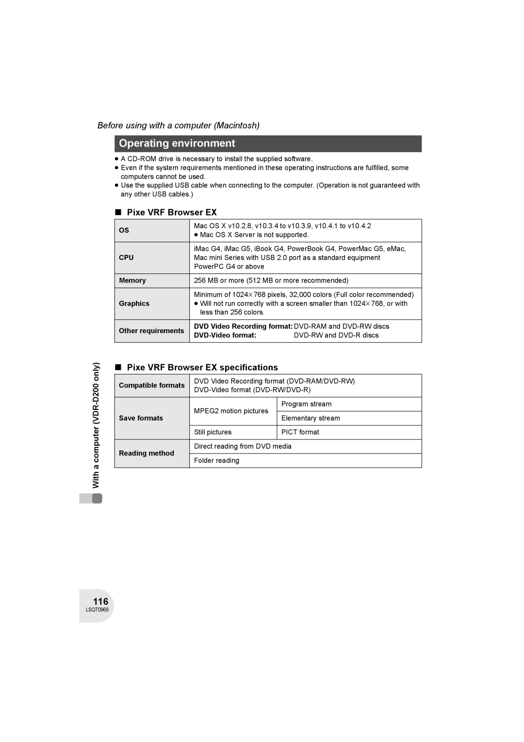 Panasonic VDR-D100 operating instructions 116, Pixe VRF Browser EX specifications 