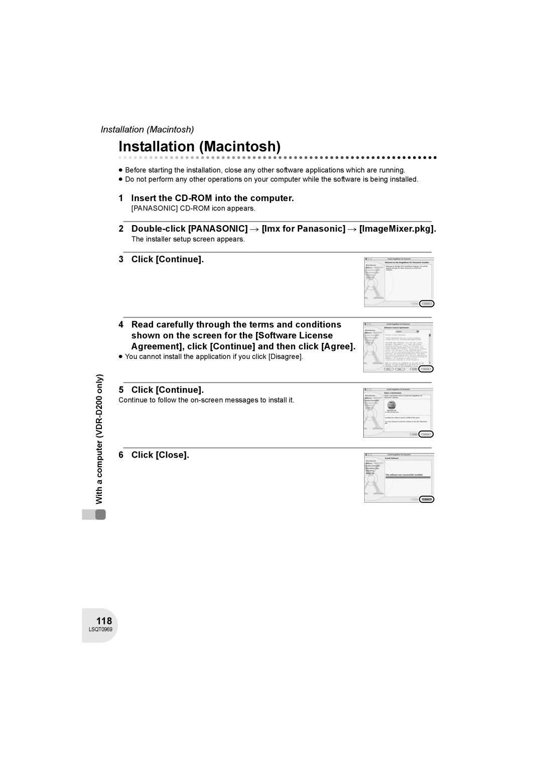 Panasonic VDR-D100 Installation Macintosh, 118, Double-click Panasonic # Imx for Panasonic # ImageMixer.pkg, Click Close 