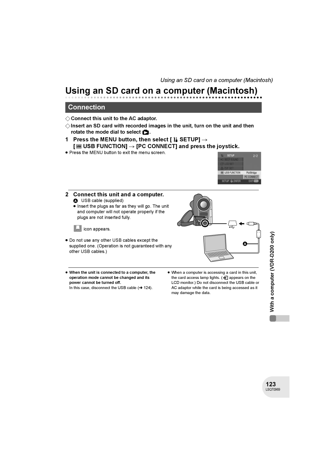 Panasonic VDR-D100 operating instructions Using an SD card on a computer Macintosh, Connection, 123 