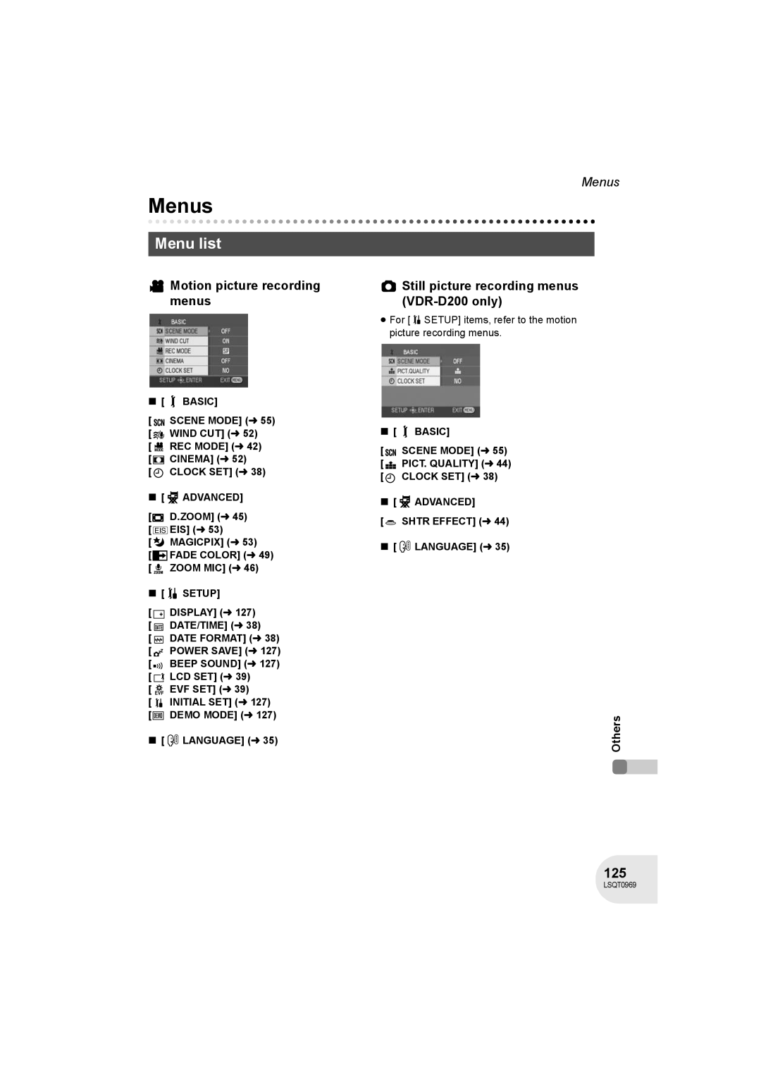 Panasonic VDR-D100 Menus, Menu list, 125, Motion picture recording menus, Still picture recording menus VDR-D200 only 