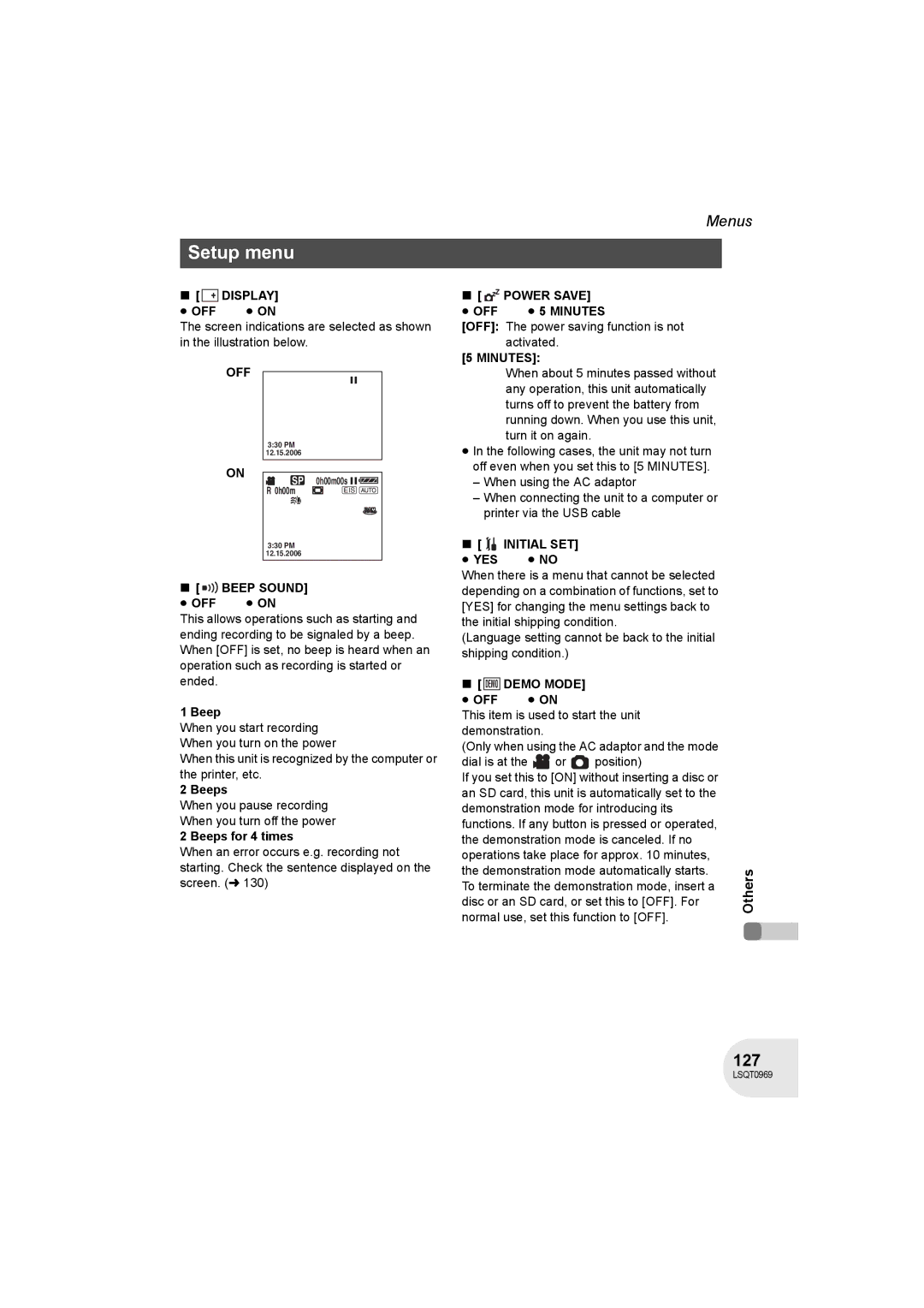 Panasonic VDR-D100 operating instructions Setup menu, 127 