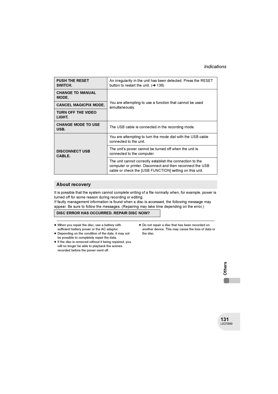 Panasonic VDR-D100 operating instructions 131, About recovery 