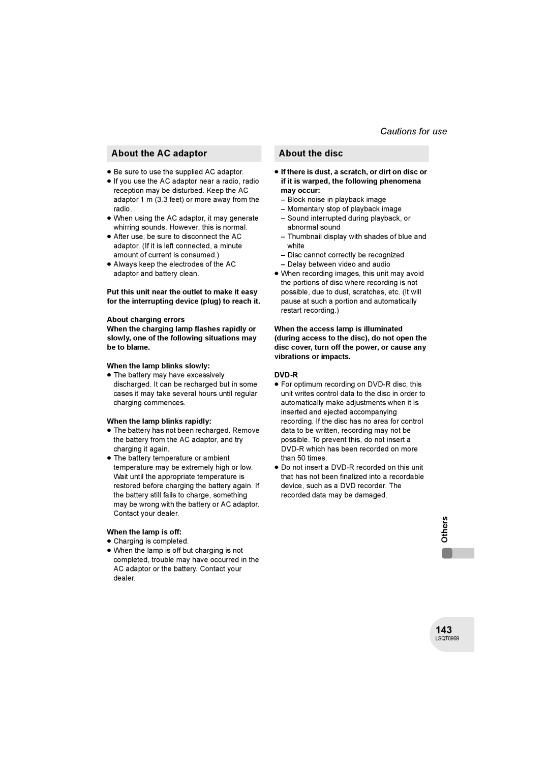 Panasonic VDR-D100 operating instructions 143, About the AC adaptor, About the disc, Dvd-R 