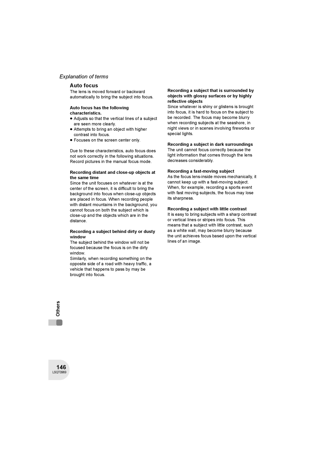 Panasonic VDR-D100 operating instructions 146, Auto focus 