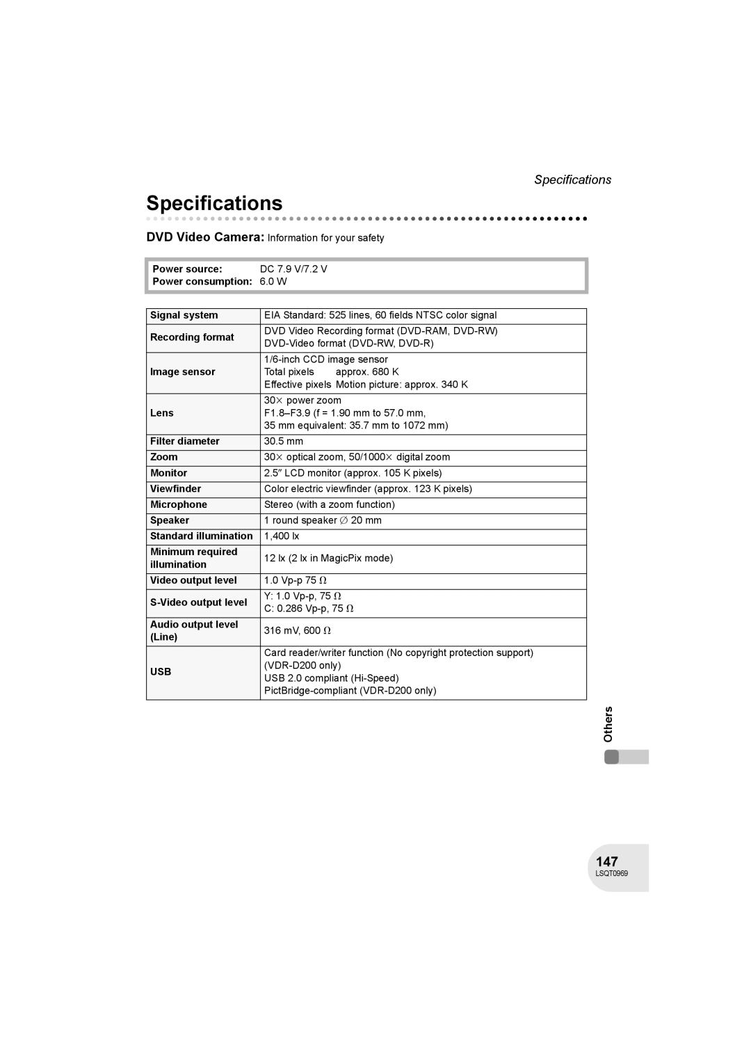 Panasonic VDR-D100 operating instructions Specifications, 147 