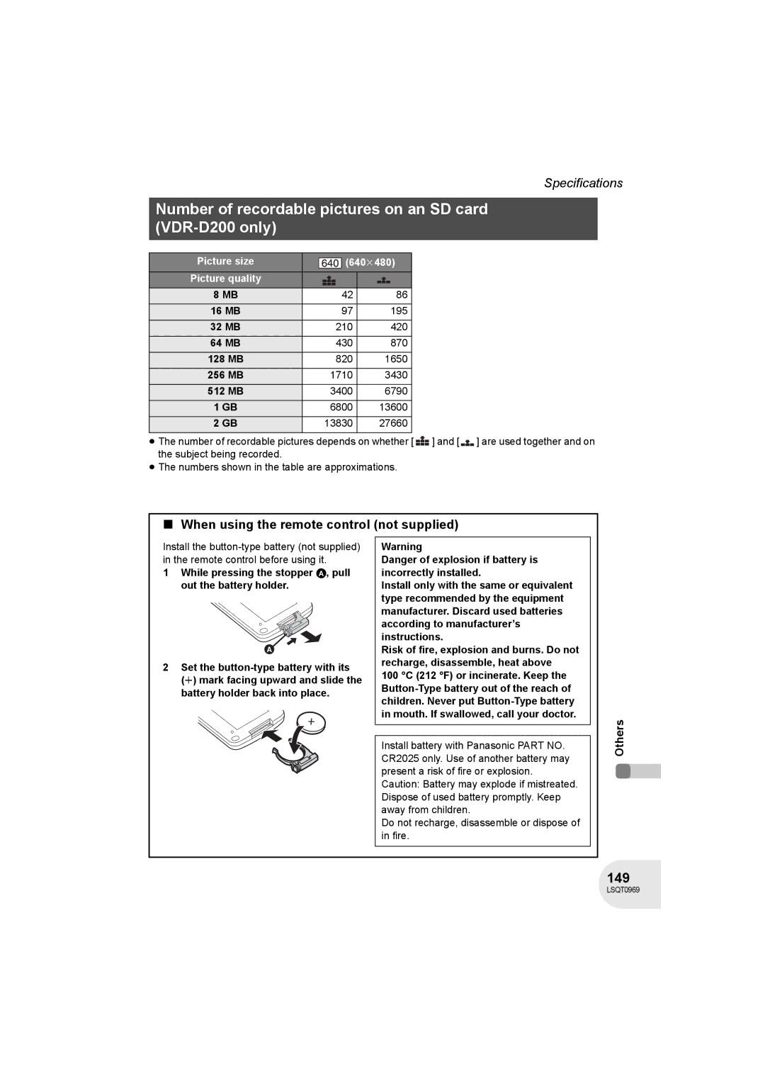 Panasonic VDR-D100 operating instructions Number of recordable pictures on an SD card VDR-D200 only, 149 