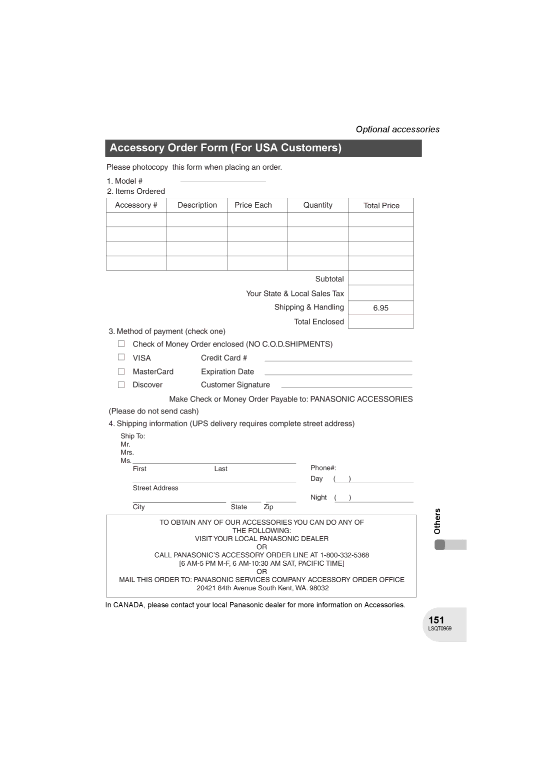 Panasonic VDR-D100 operating instructions Accessory Order Form For USA Customers, 151 