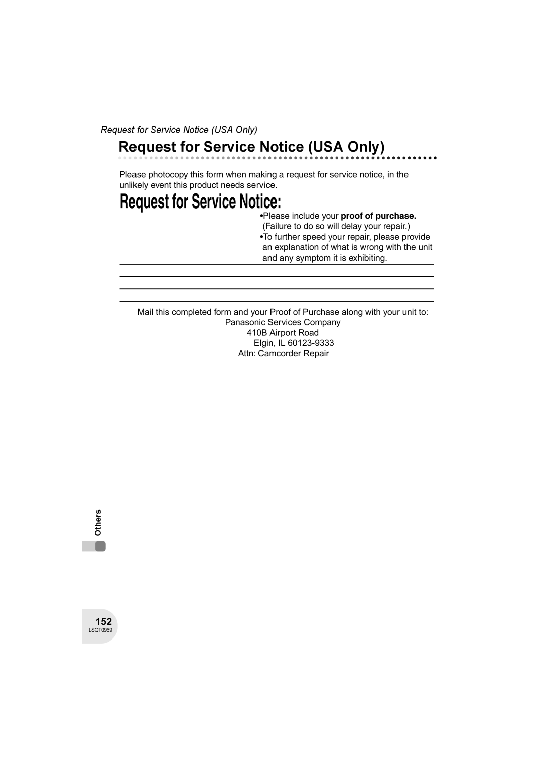 Panasonic VDR-D100 operating instructions Request for Service Notice USA Only, 152 