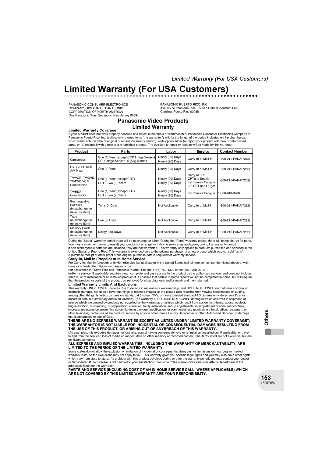 Panasonic VDR-D100 operating instructions Limited Warranty For USA Customers, 153 