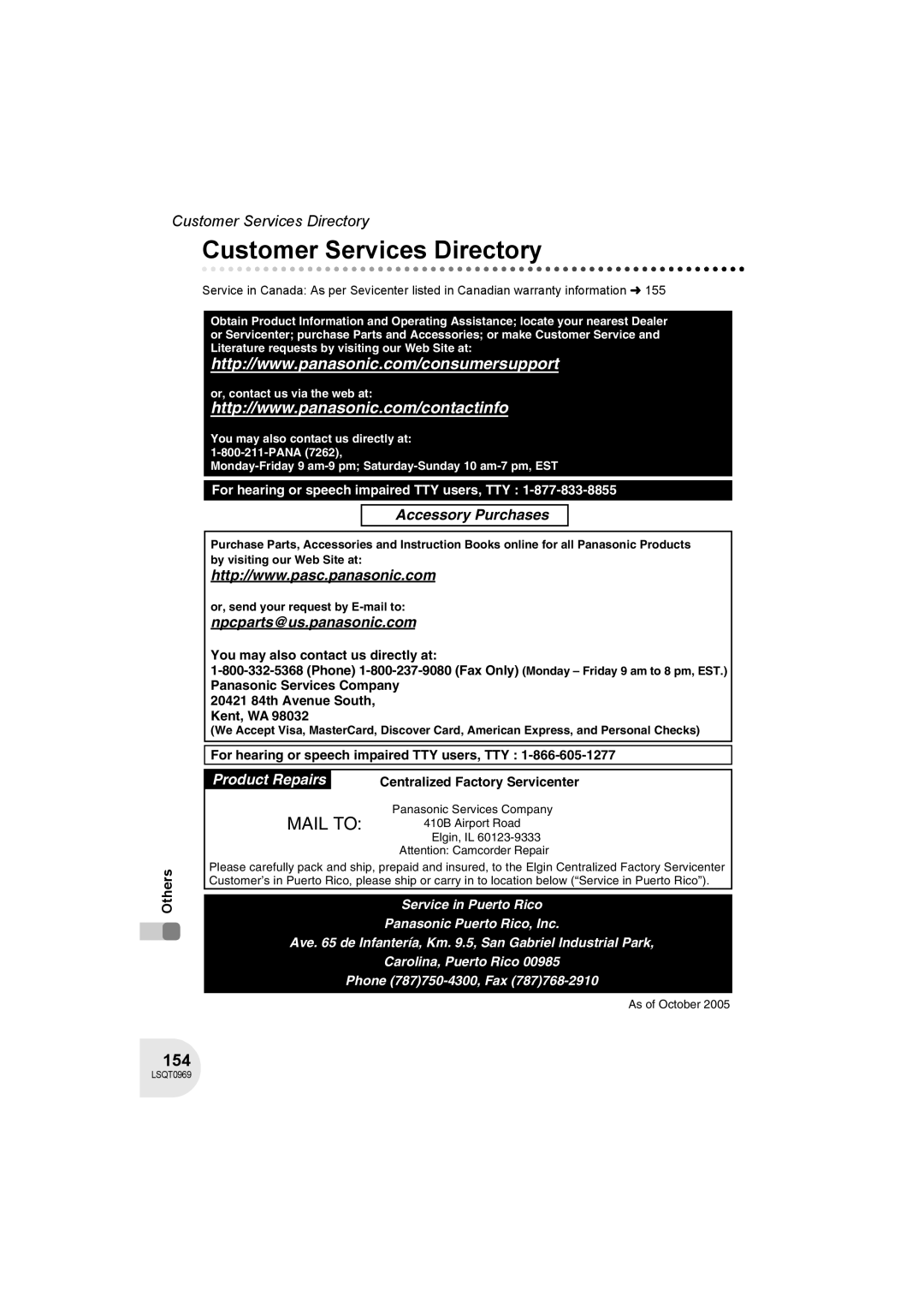 Panasonic VDR-D100 operating instructions Customer Services Directory, 154 