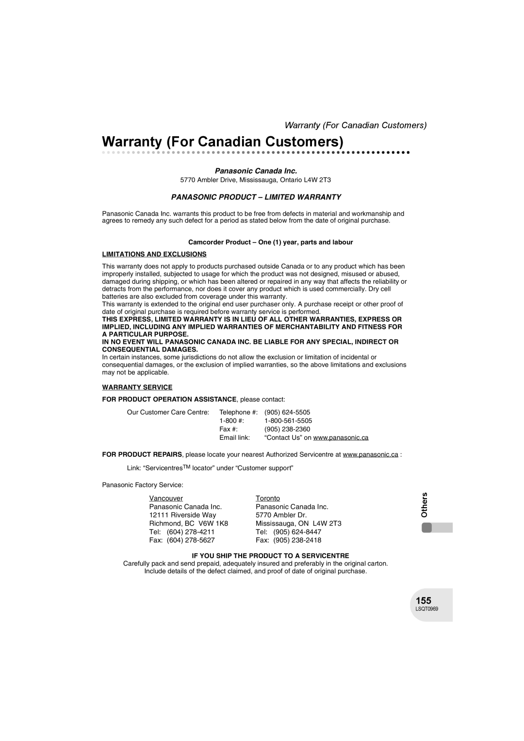 Panasonic VDR-D100 operating instructions Warranty For Canadian Customers, 155 