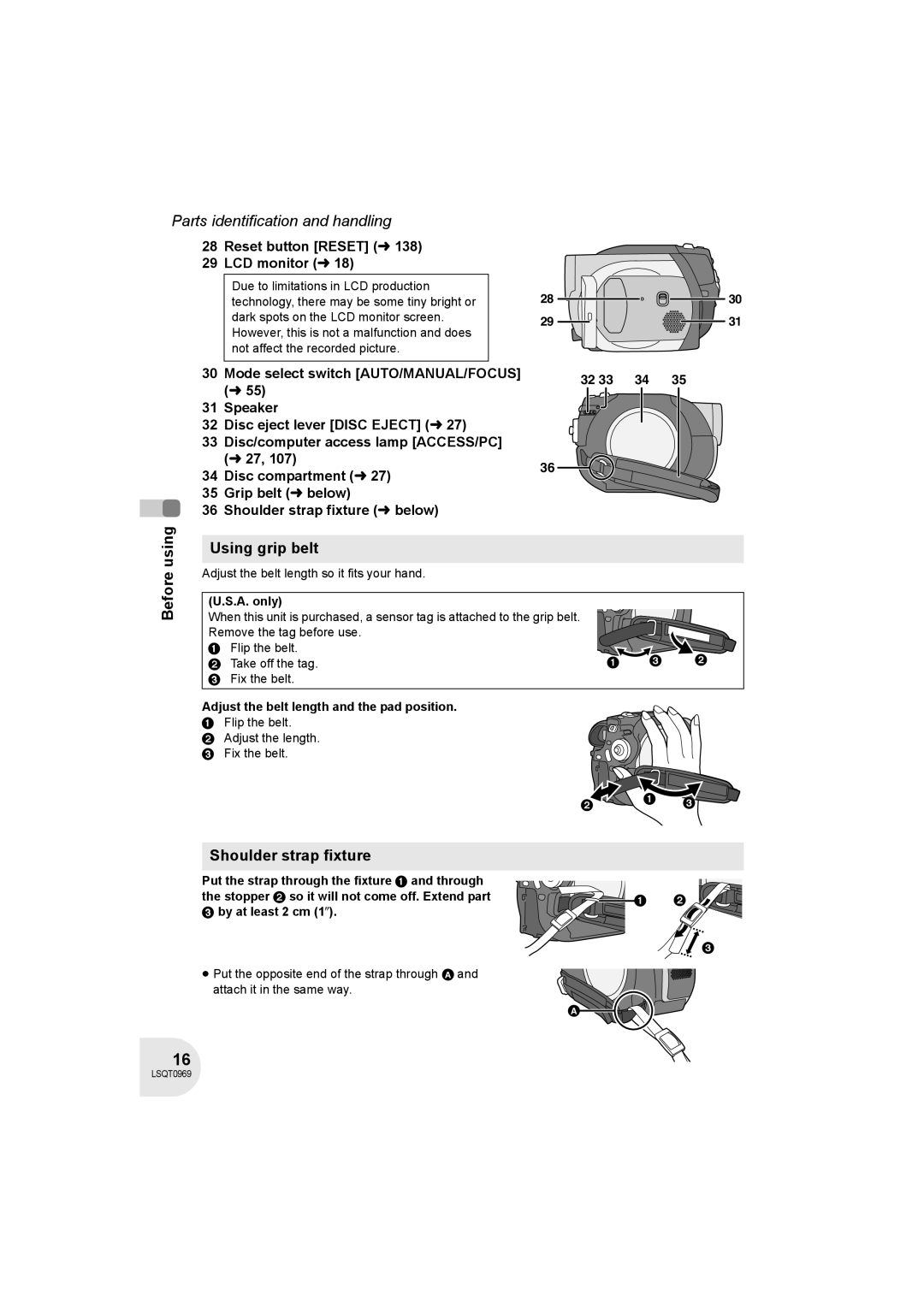 Panasonic VDR-D100 Before using Using grip belt, Shoulder strap fixture, Adjust the belt length and the pad position 