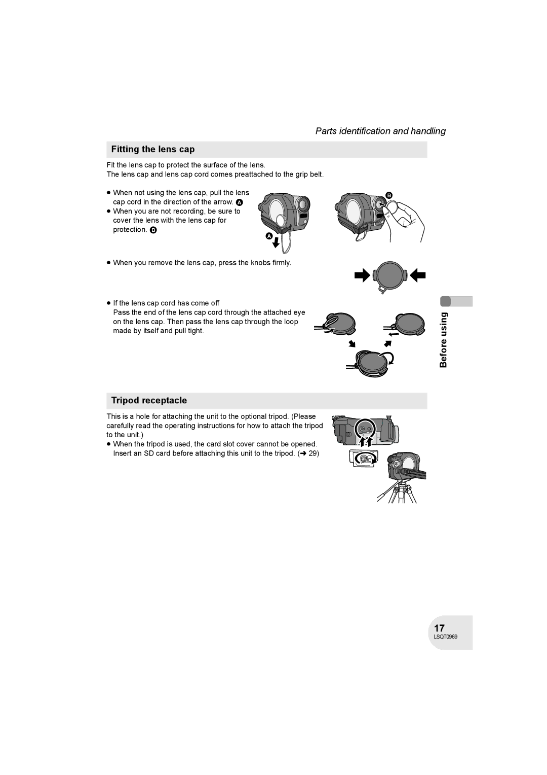 Panasonic VDR-D100 operating instructions Fitting the lens cap, Tripod receptacle 