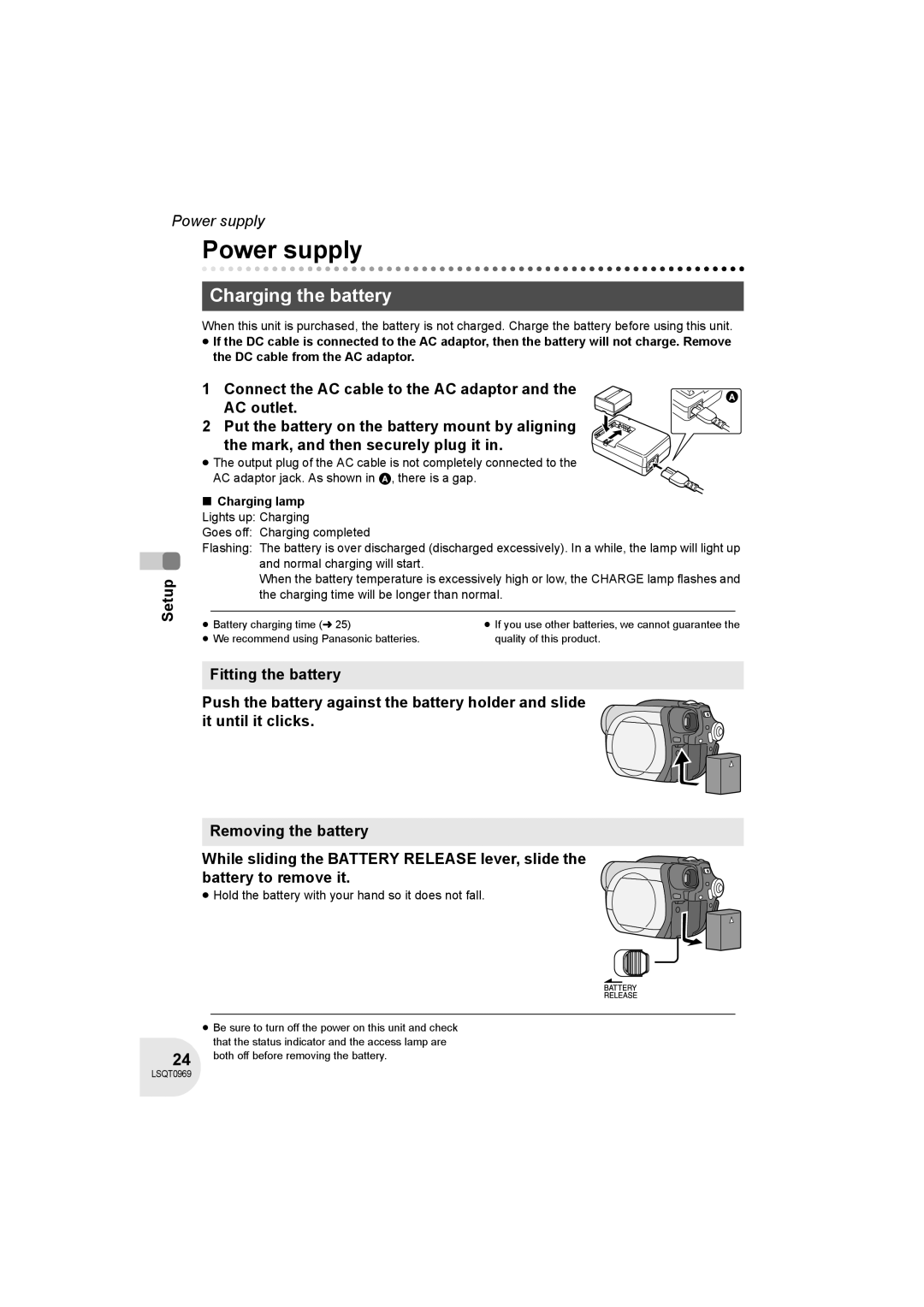 Panasonic VDR-D100 operating instructions Power supply, Charging the battery, Charging lamp Lights up Charging 