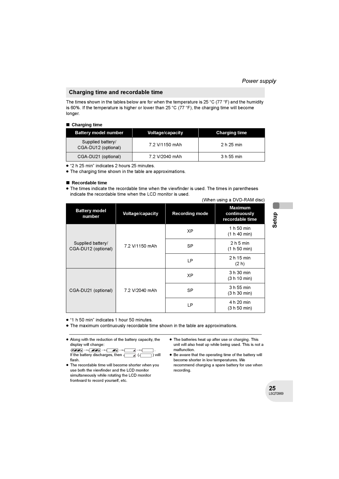 Panasonic VDR-D100 operating instructions Charging time and recordable time, Recordable time 