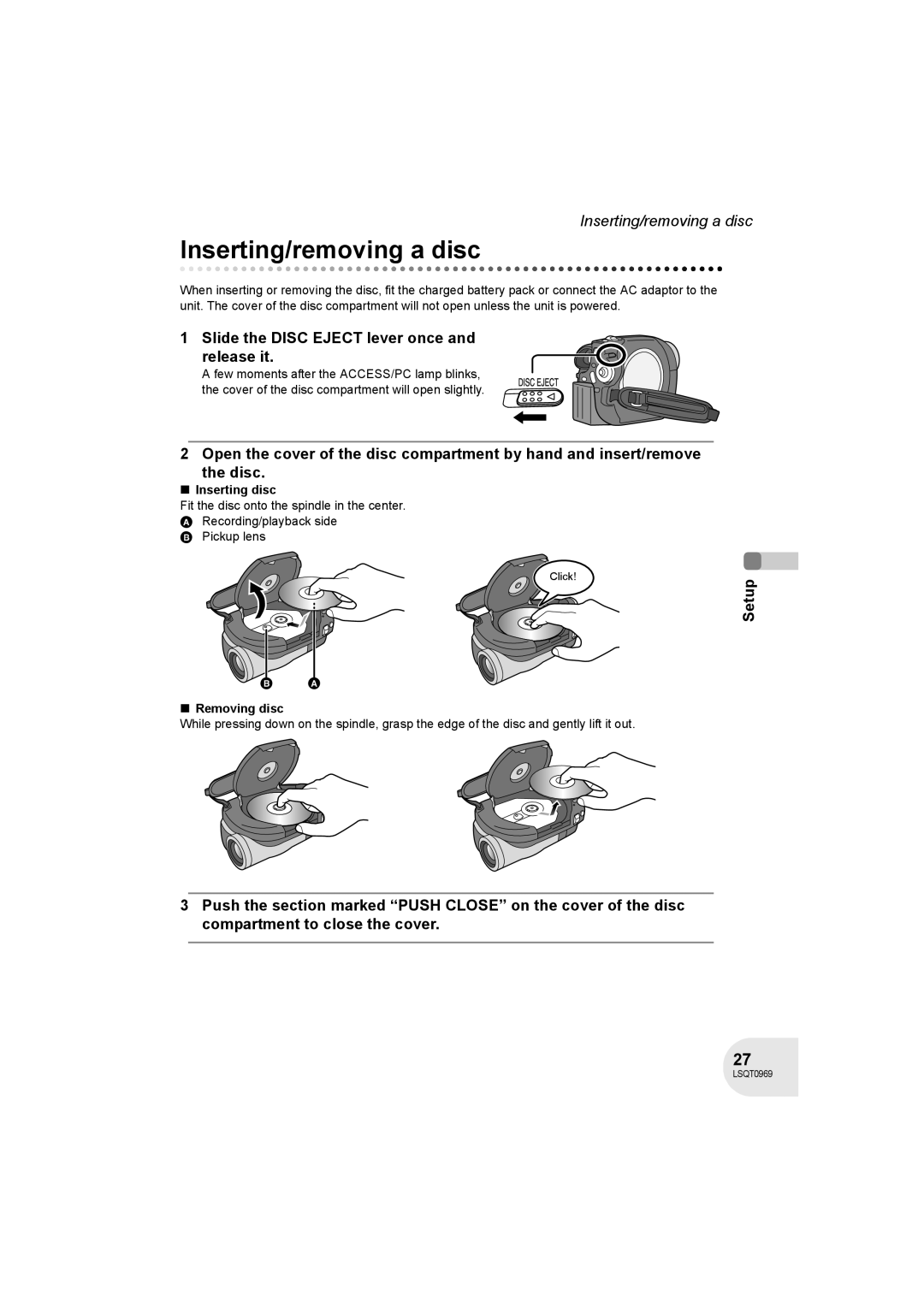 Panasonic VDR-D100 Inserting/removing a disc, Slide the Disc Eject lever once and release it, Inserting disc 