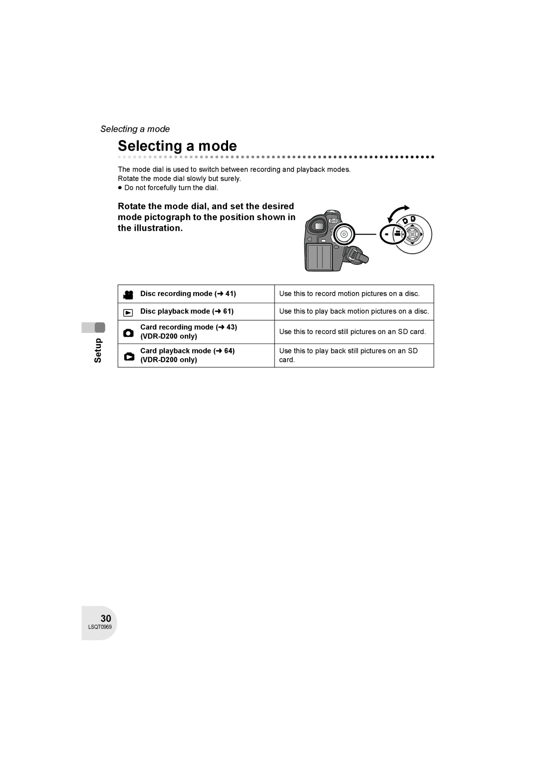 Panasonic VDR-D100 operating instructions Selecting a mode 