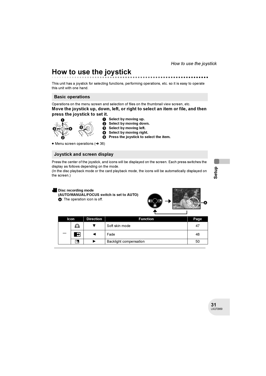 Panasonic VDR-D100 How to use the joystick, Basic operations, Joystick and screen display, Select by moving up 