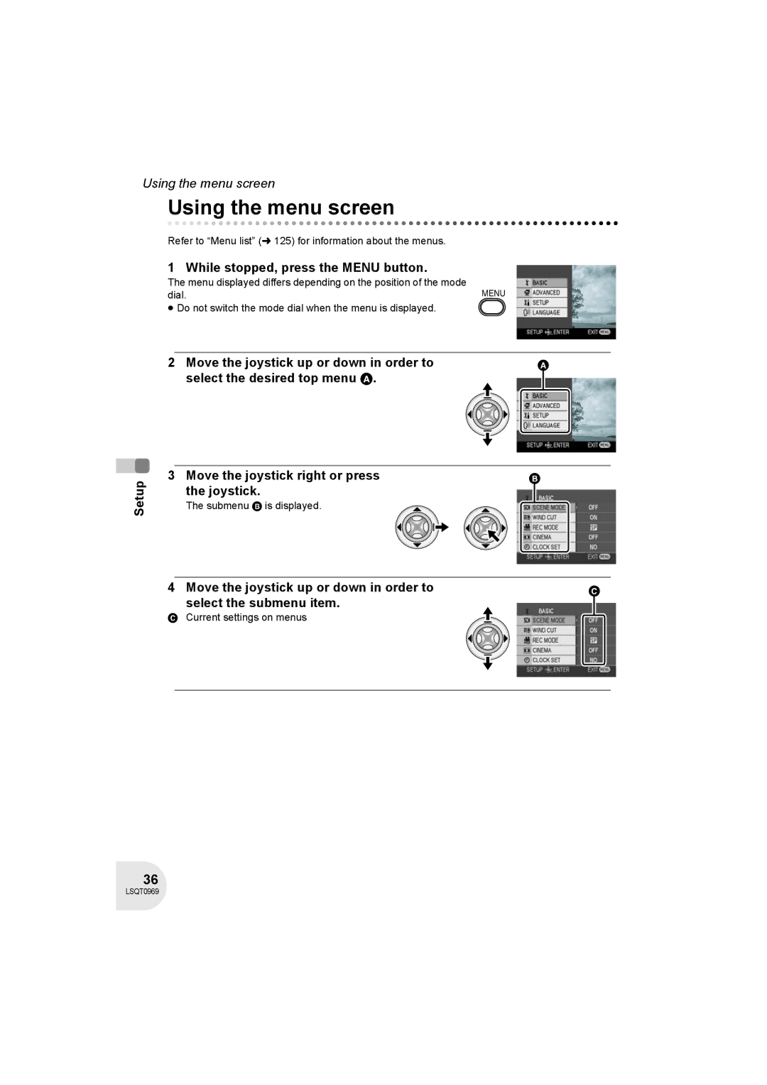 Panasonic VDR-D100 Using the menu screen, While stopped, press the Menu button, Current settings on menus 