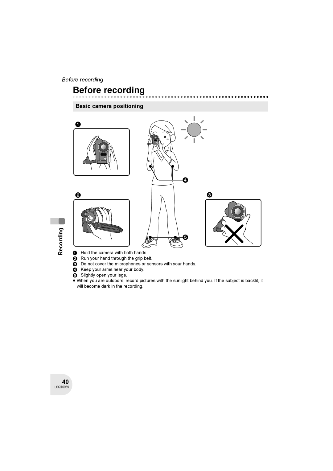 Panasonic VDR-D100 operating instructions Before recording, Basic camera positioning Recording 