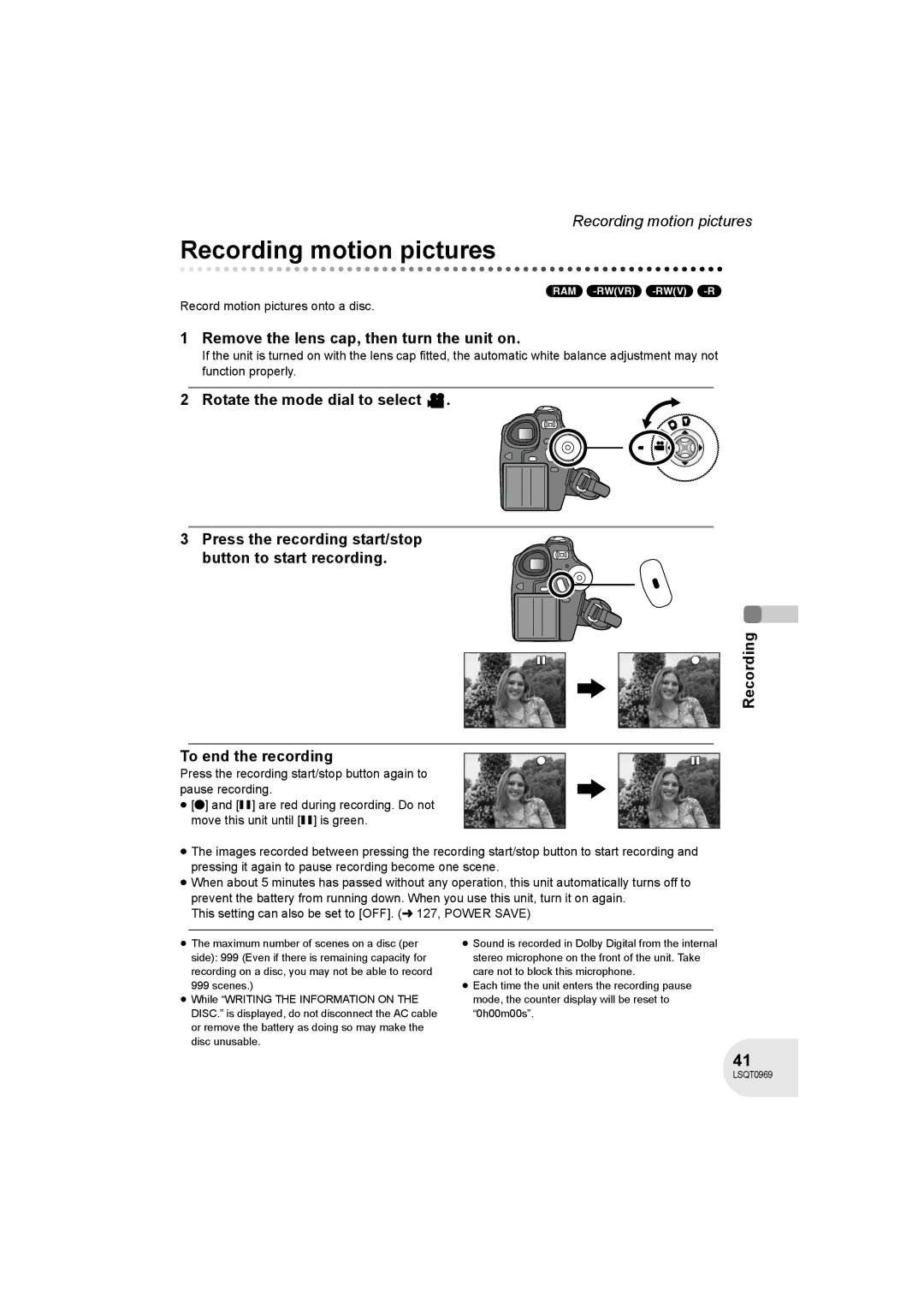 Panasonic VDR-D100 operating instructions Recording motion pictures, Remove the lens cap, then turn the unit on 