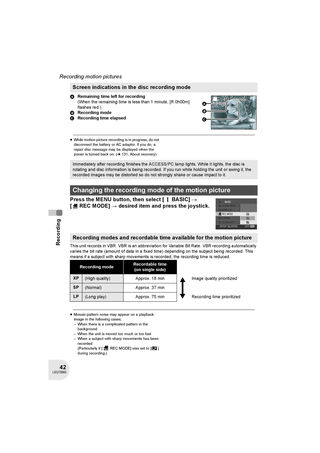 Panasonic VDR-D100 Changing the recording mode of the motion picture, Screen indications in the disc recording mode 