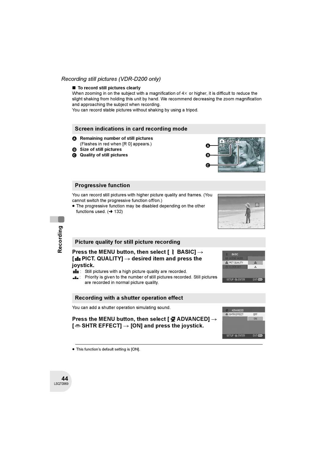 Panasonic VDR-D100 operating instructions Screen indications in card recording mode, Progressive function Recording 