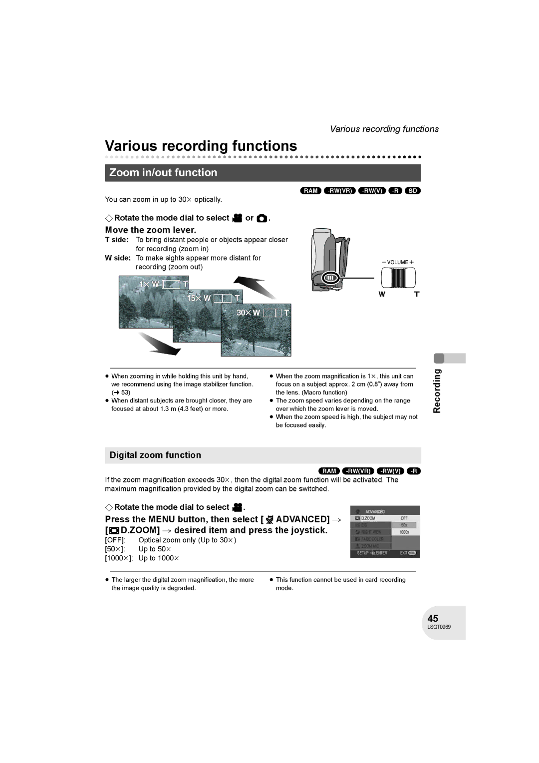 Panasonic VDR-D100 Various recording functions, Zoom in/out function, Move the zoom lever, Recording Digital zoom function 