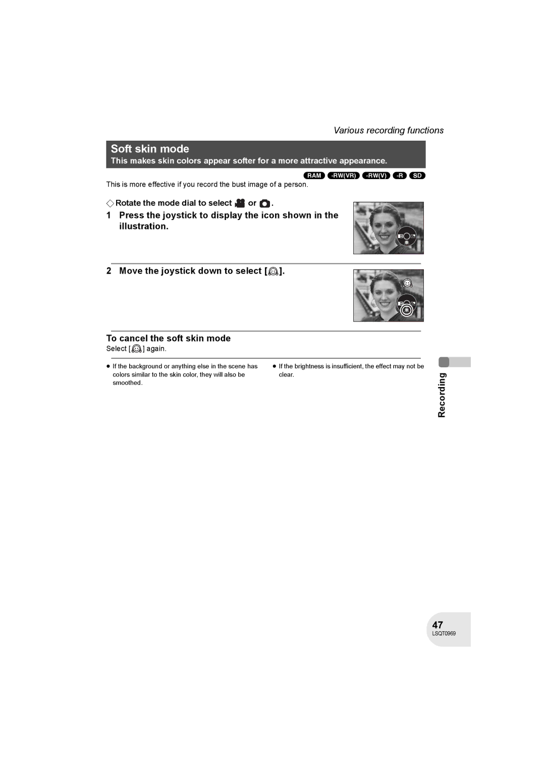 Panasonic VDR-D100 operating instructions Soft skin mode, Select again 