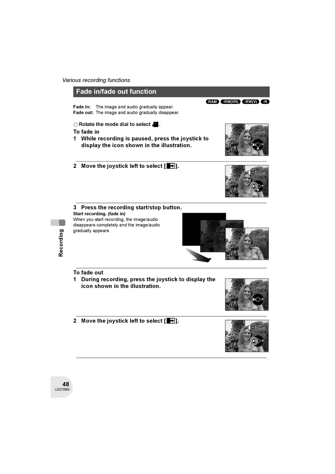 Panasonic VDR-D100 operating instructions Fade in/fade out function, Start recording. fade 