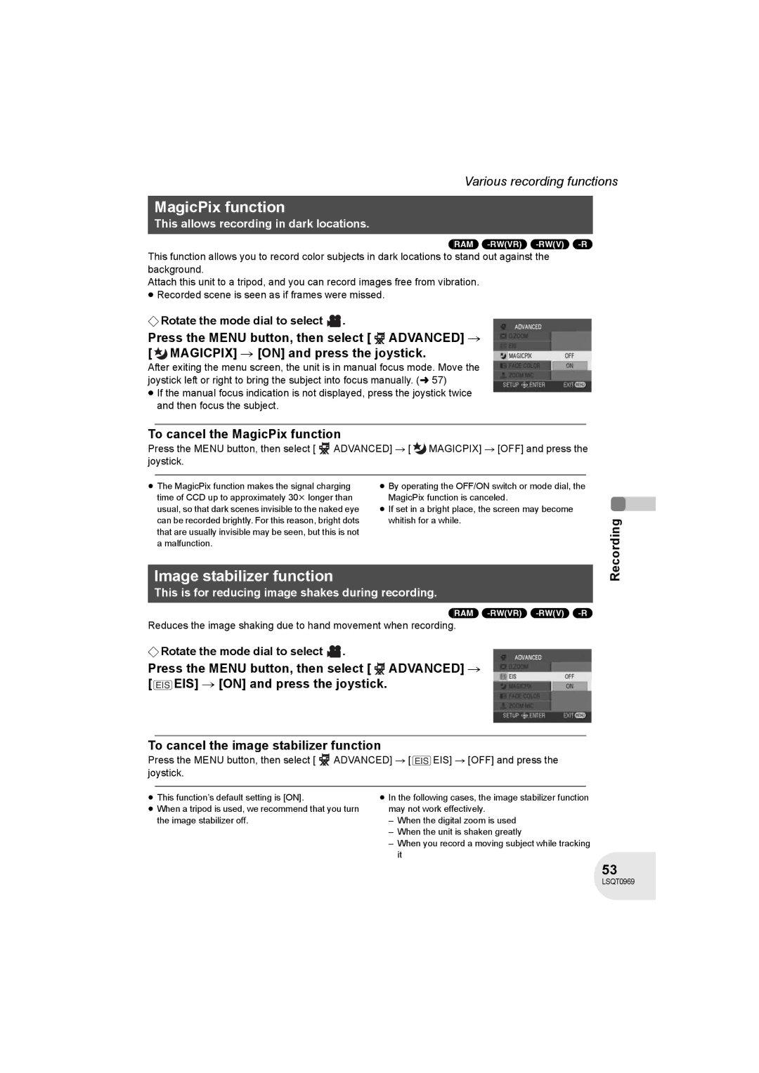 Panasonic VDR-D100 operating instructions Image stabilizer function, To cancel the MagicPix function 