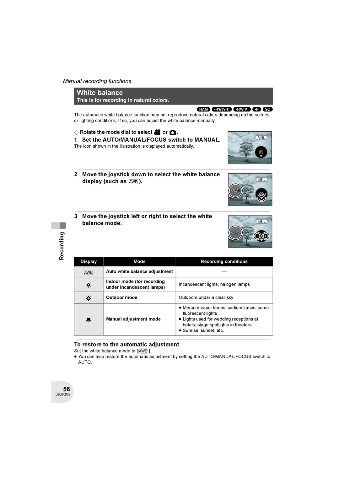 Panasonic VDR-D100 operating instructions White balance, Set the AUTO/MANUAL/FOCUS switch to Manual 