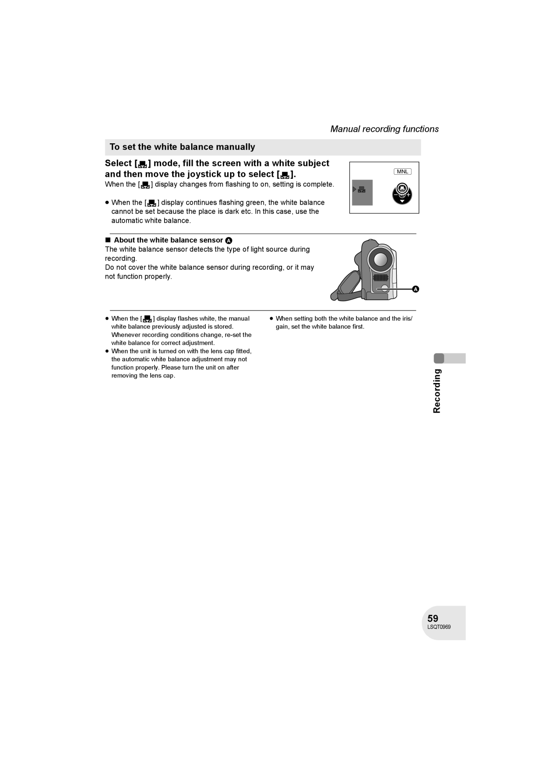 Panasonic VDR-D100 operating instructions About the white balance sensor a 