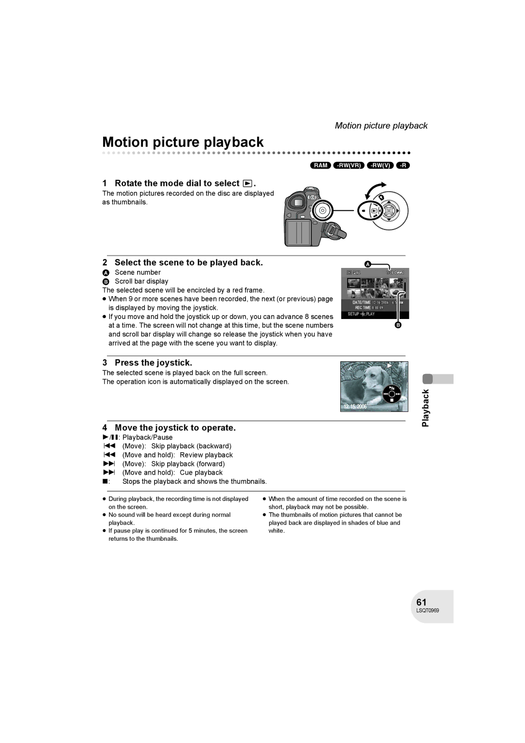 Panasonic VDR-D100 Motion picture playback, Rotate the mode dial to select, Select the scene to be played back 