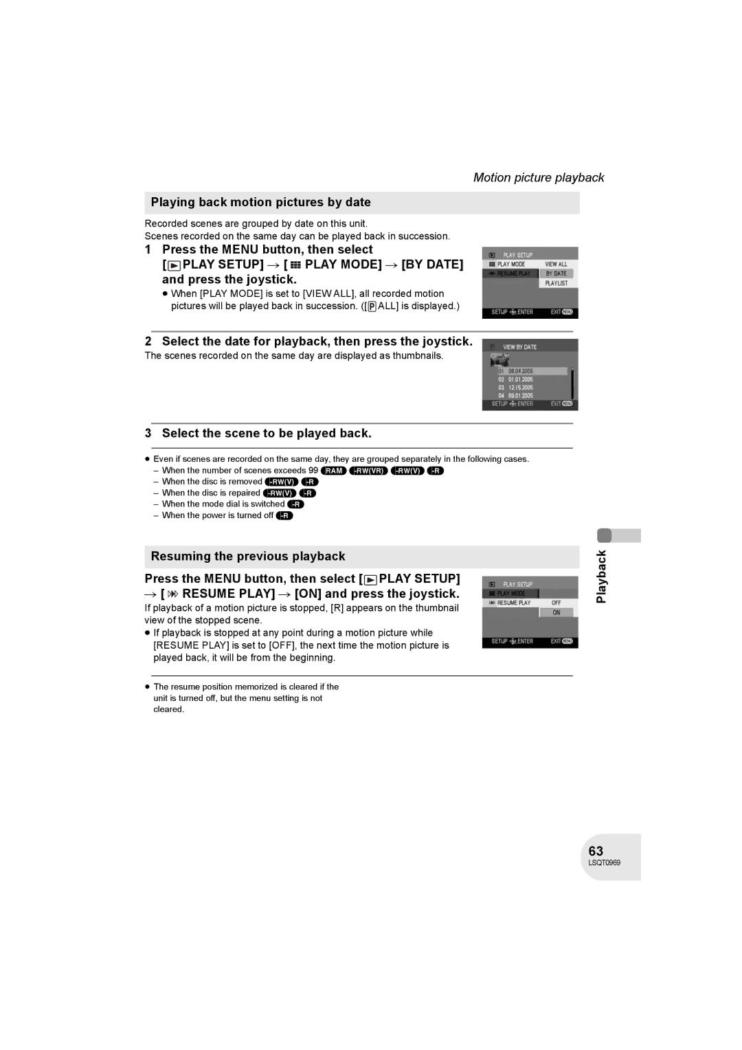 Panasonic VDR-D100 Playing back motion pictures by date, Select the date for playback, then press the joystick 